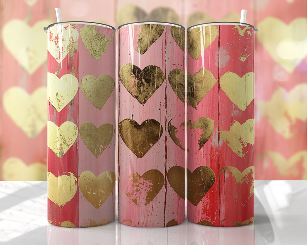 Gold hearts with red and pink background Tumbler