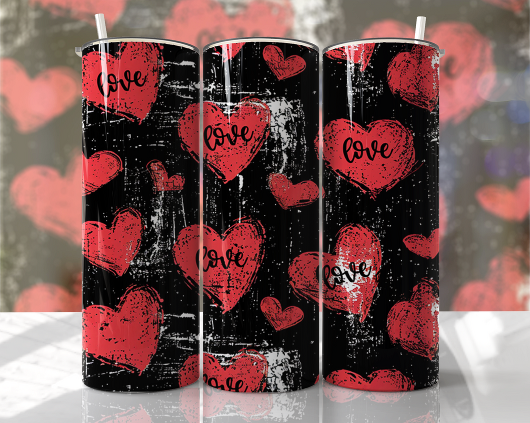 Red hearts with the word love with a black background Tumbler