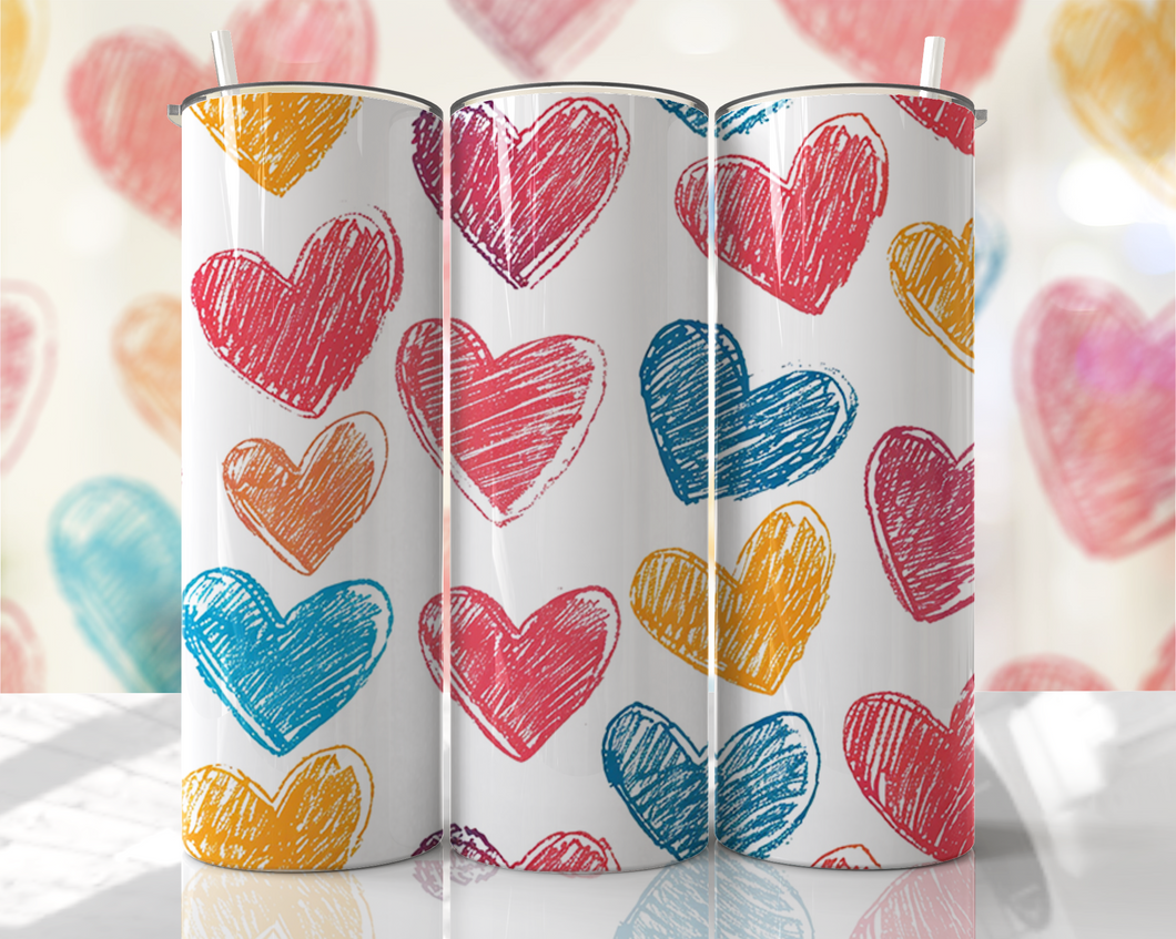 Pink, Blue, Orange hearts with white background Tumbler