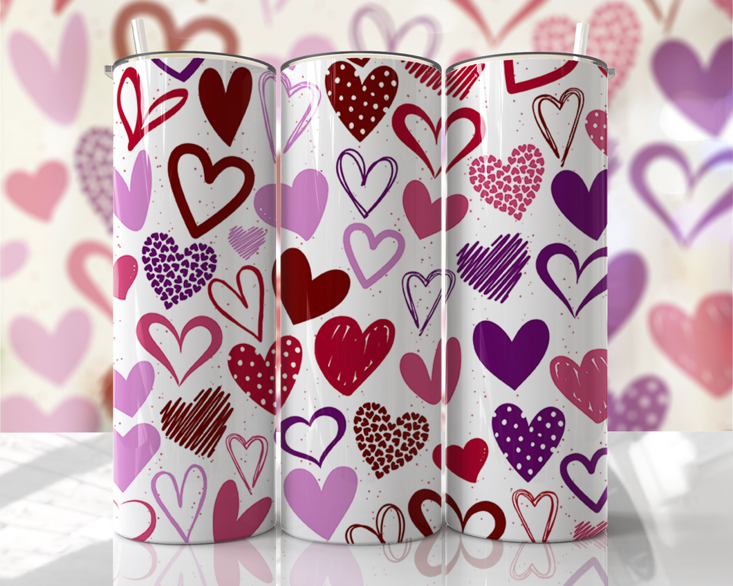 Dark Purple, Pink and Red hearts white background Tumbler