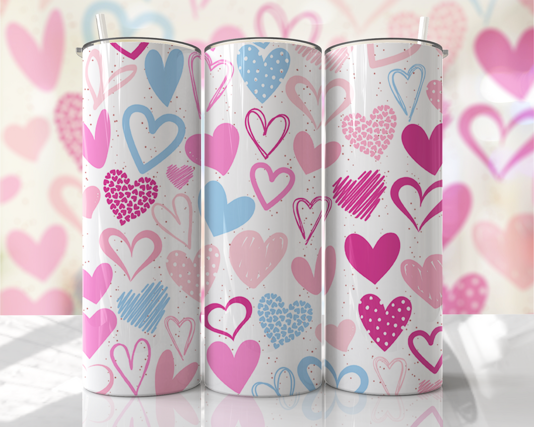 Light Blue, Pink and Red hearts white background Tumbler