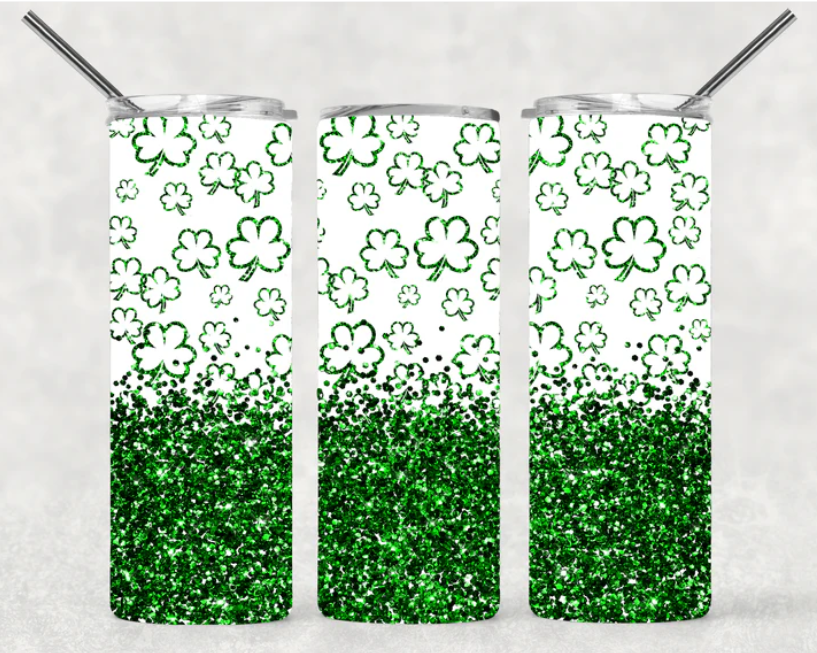 Green Glitter Shamrocks with glitter bottom Tumbler