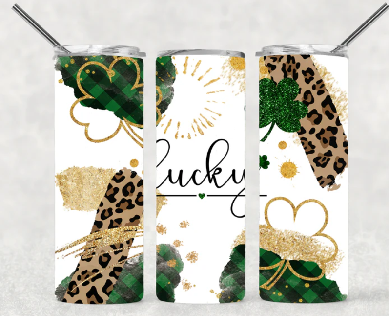 Lucky with cheetah print, gold and green glitter shamrocks Tumbler