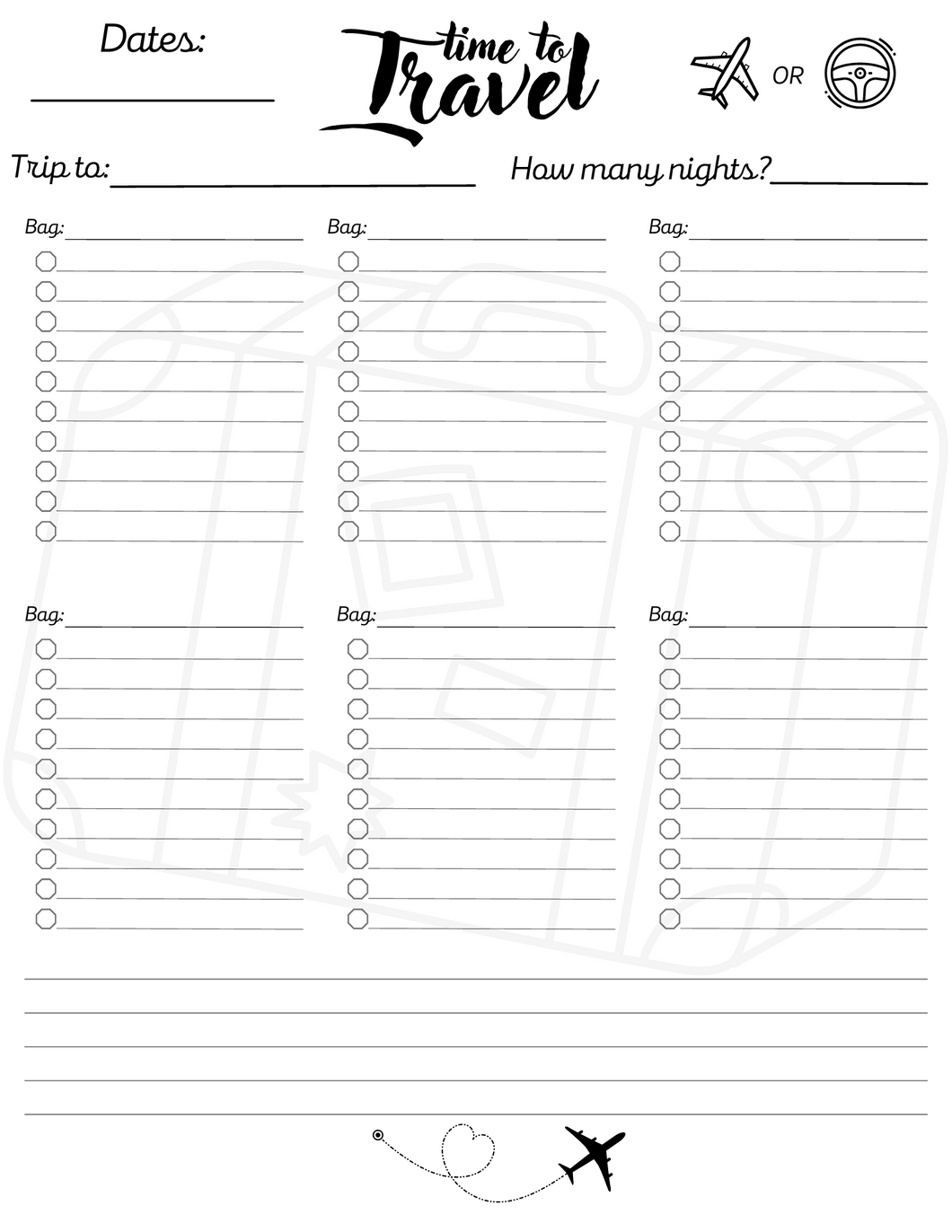 Printable Packing/Travel list with Suitcase & 6 bag lists - Digital download
