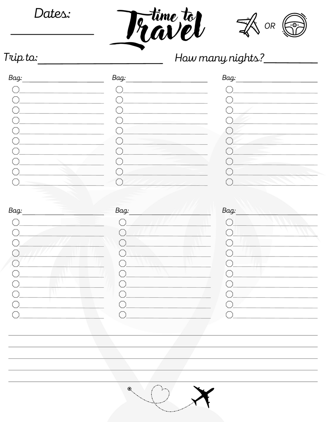 Printable Packing/Travel list with Palms Trees & 6 bag lists - Digital download