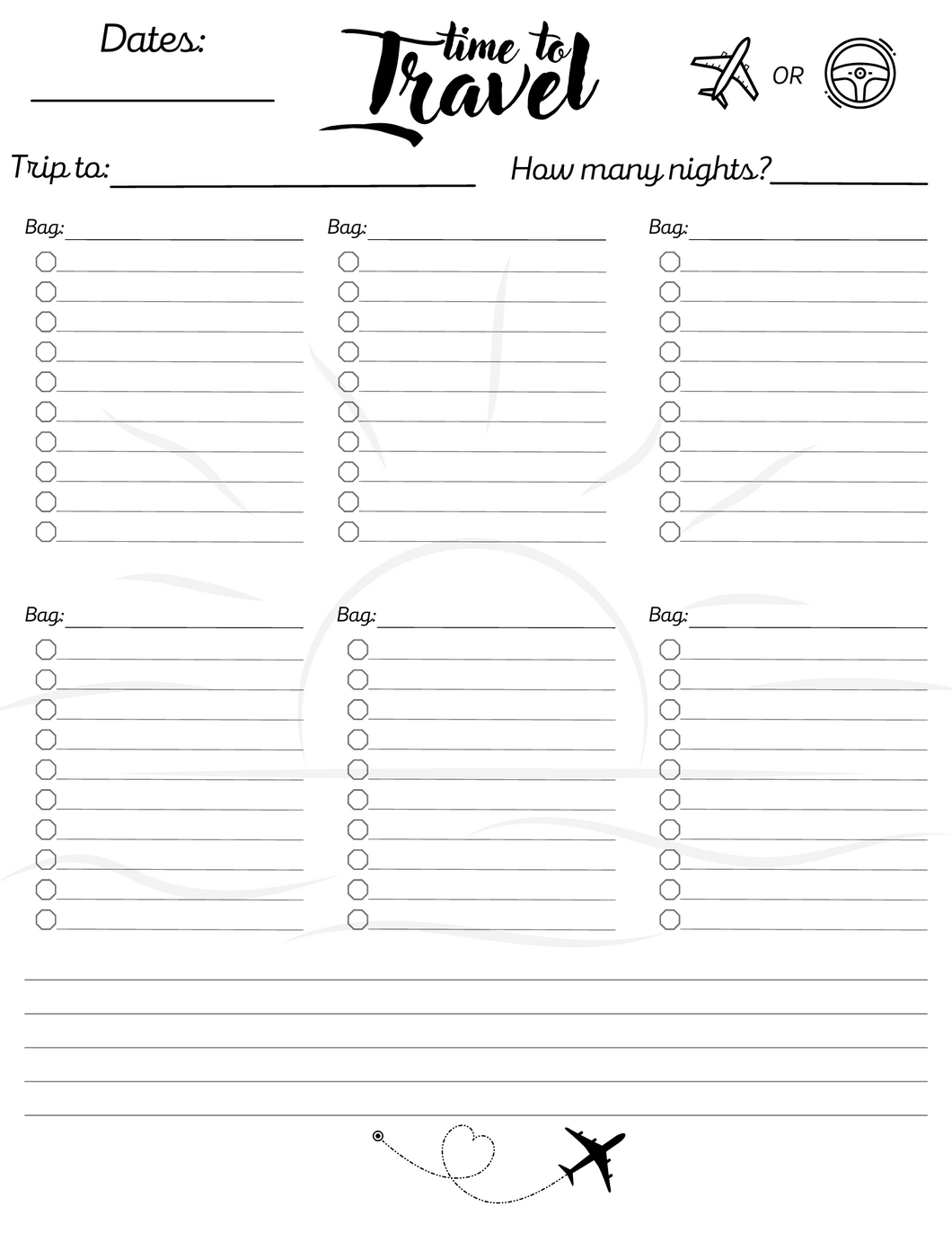Printable Packing/Travel list with Sun & 6 bag lists - Digital download