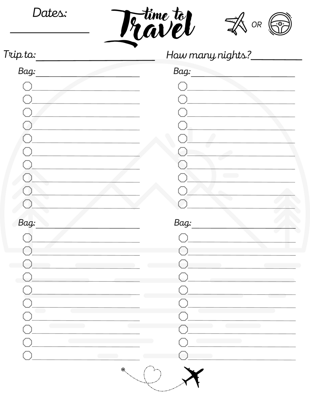Printable Packing/Travel list with Mountains & 4 bag lists - Digital download