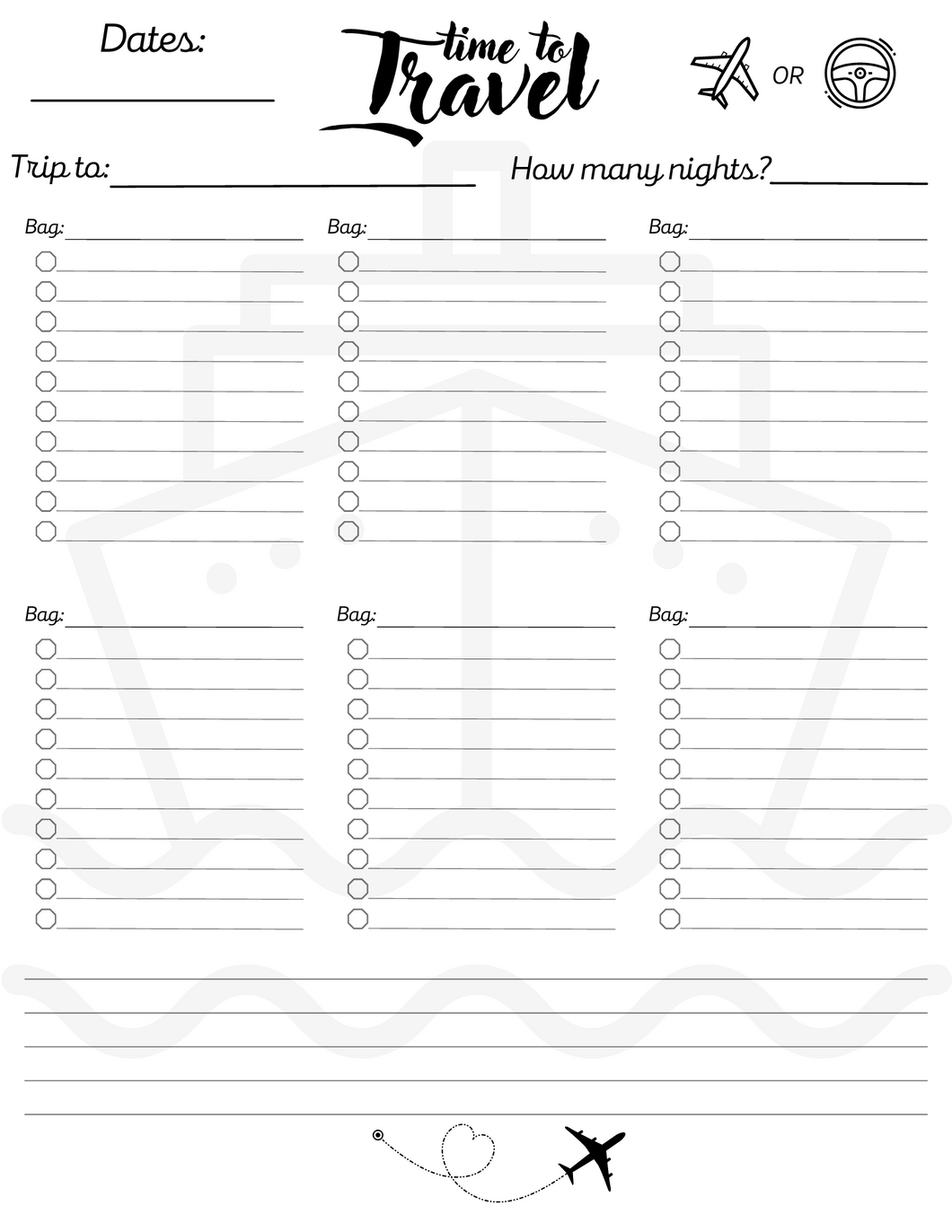 Printable Packing/Travel list with Cruise Ship & 6 bag lists - Digital download