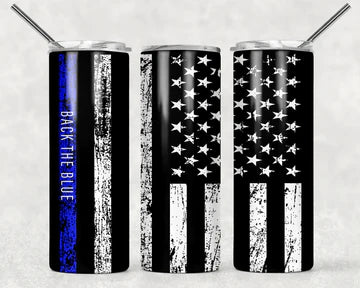 Black the Blue with black and white American flag Tumbler