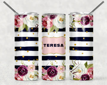Pink, White, Black and Floral personalized Tumbler